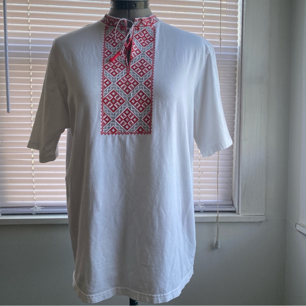 Ukrainian Embroidered Folk Tunic White Red Unisex 100% Cotton Size L